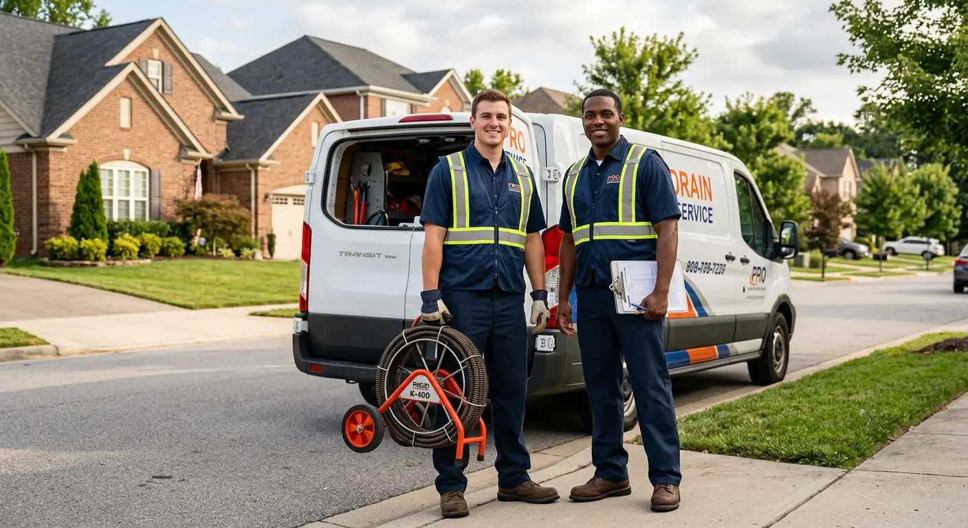 Sewer and drain service team with equipment ready for work in Darien