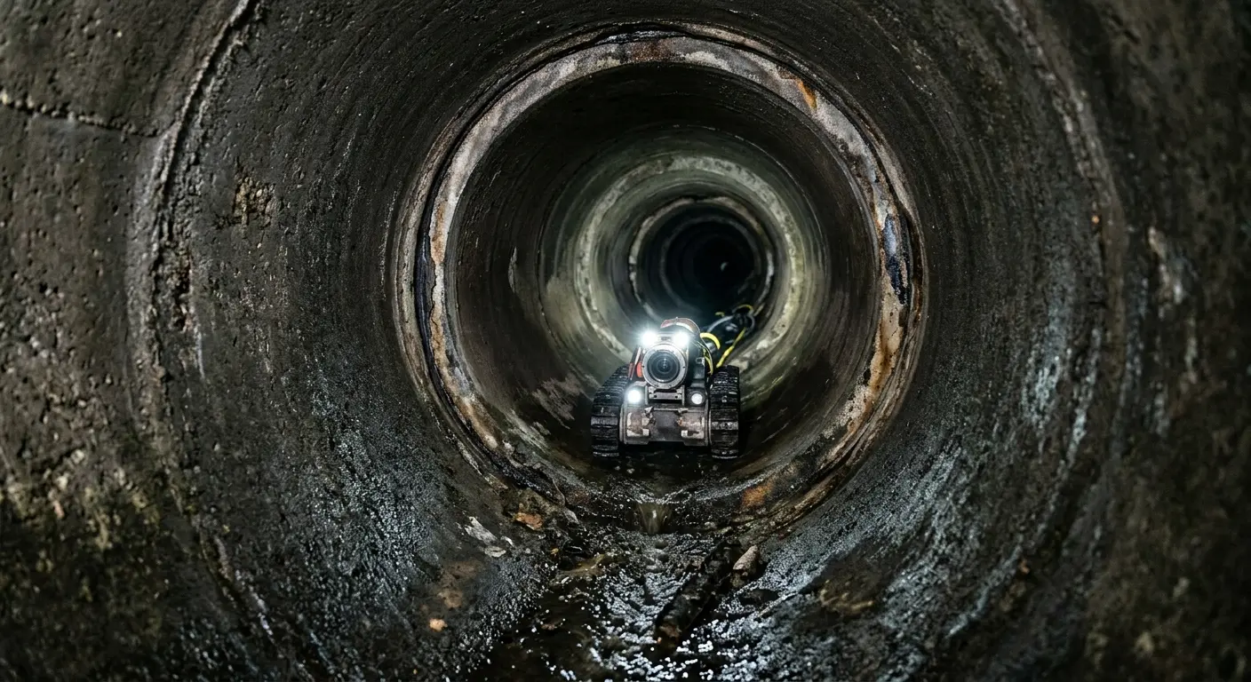 Robotic sewer camera inspecting pipe interior for Sewer Line Cleaning in Darien