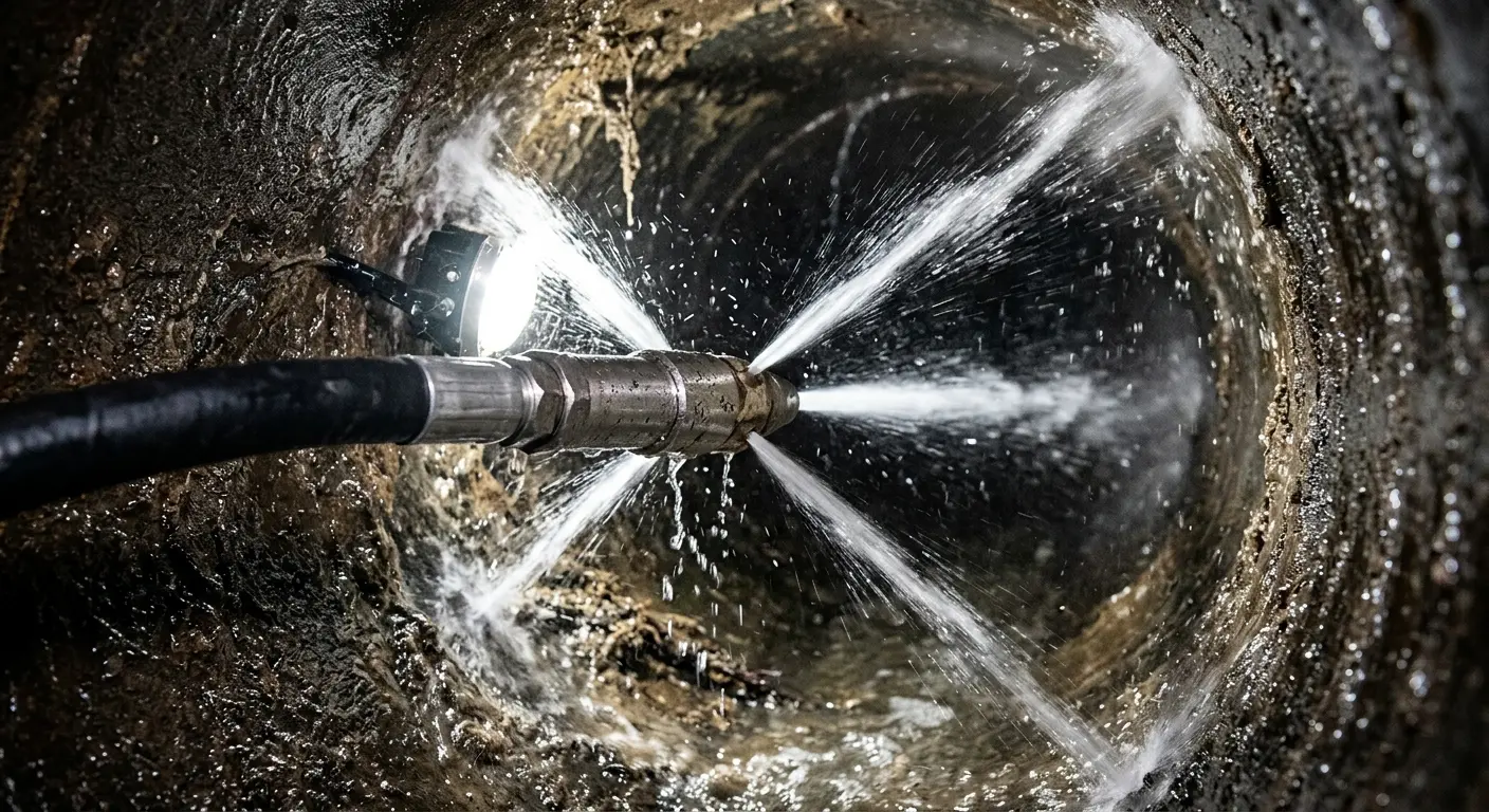 High-pressure hydro jetting nozzle cleaning sewer pipe for Emergency Drain Service in Darien