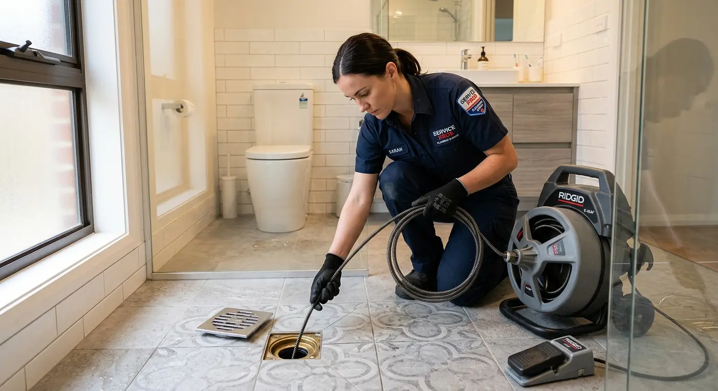 Technician clearing a bathroom floor drain for Sewer Line Installation in Darien